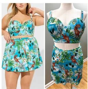 Torrid Two Piece Bikini Swim Top size 3 (3X DD/F) Skirt Size 4 (4X) Retro Pin Up